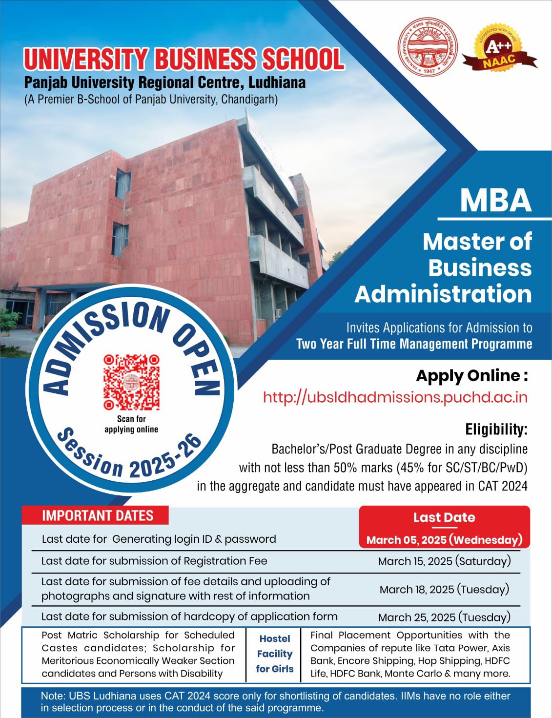 PU Announces Admission Schedule for MBA at University Business School, Panjab University Regional Centre, Ludhiana